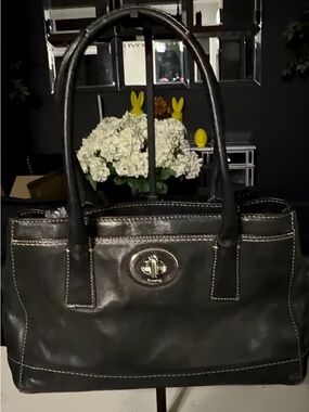 Coach Madeline Black Leather Double-Handle Satchel with Silver Turn-Lock